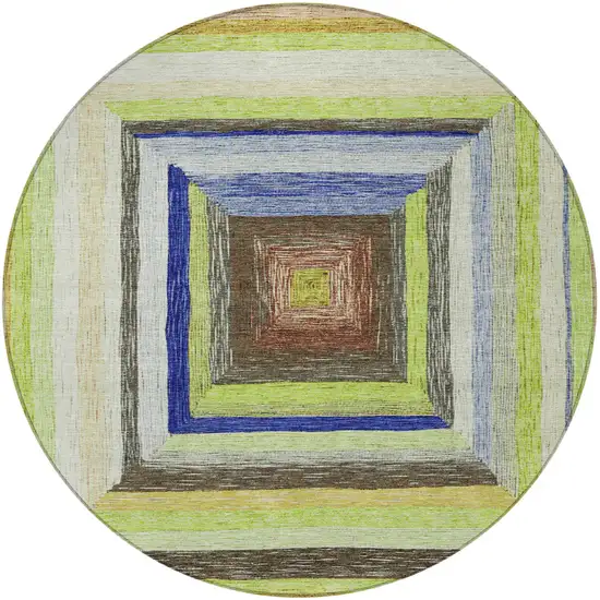 8' Lime Green Navy Blue And Brown Round Geometric Washable Indoor Outdoor Area Rug Photo 4
