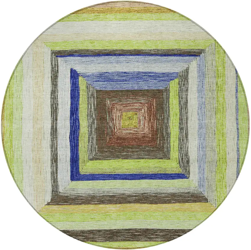8' Lime Green Navy Blue And Brown Round Geometric Washable Indoor Outdoor Area Rug Photo 4
