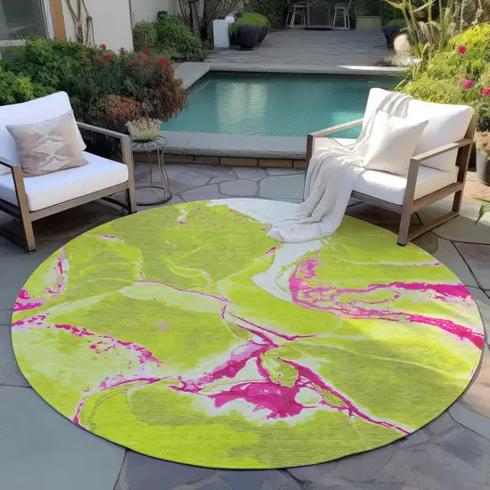8' Lime Green Neon Pink And Ivory Round Abstract Washable Indoor Outdoor Area Rug Photo 6