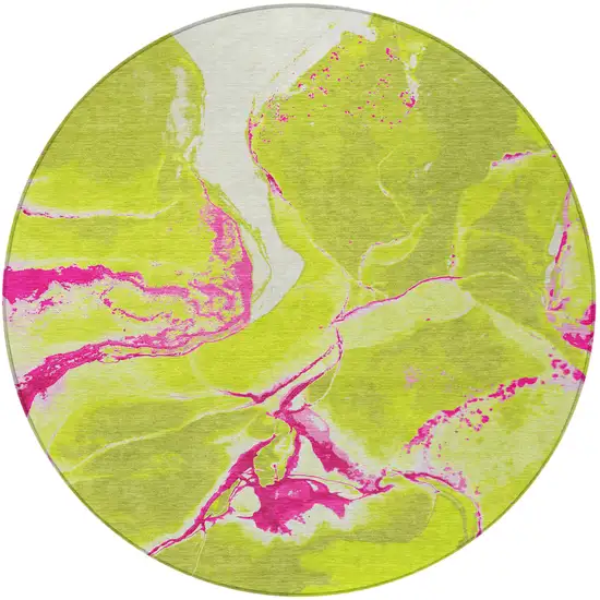 8' Lime Green Neon Pink And Ivory Round Abstract Washable Indoor Outdoor Area Rug Photo 5