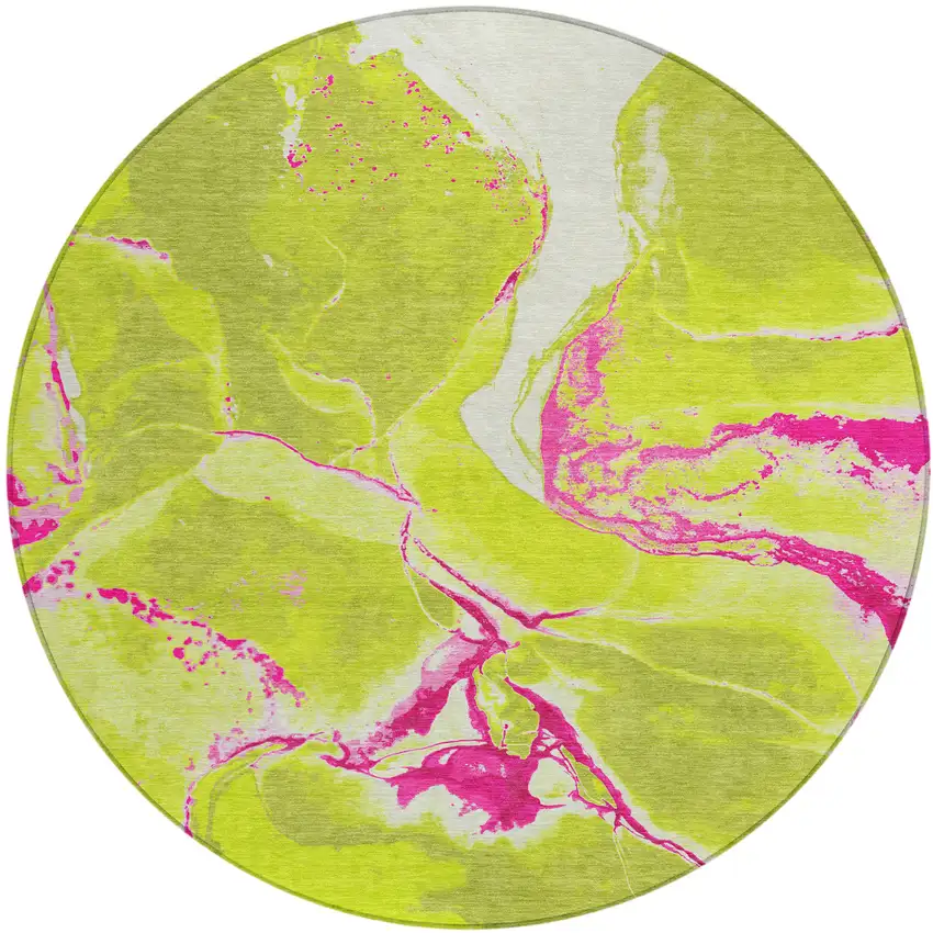 8' Lime Green Neon Pink And Ivory Round Abstract Washable Indoor Outdoor Area Rug Photo 2