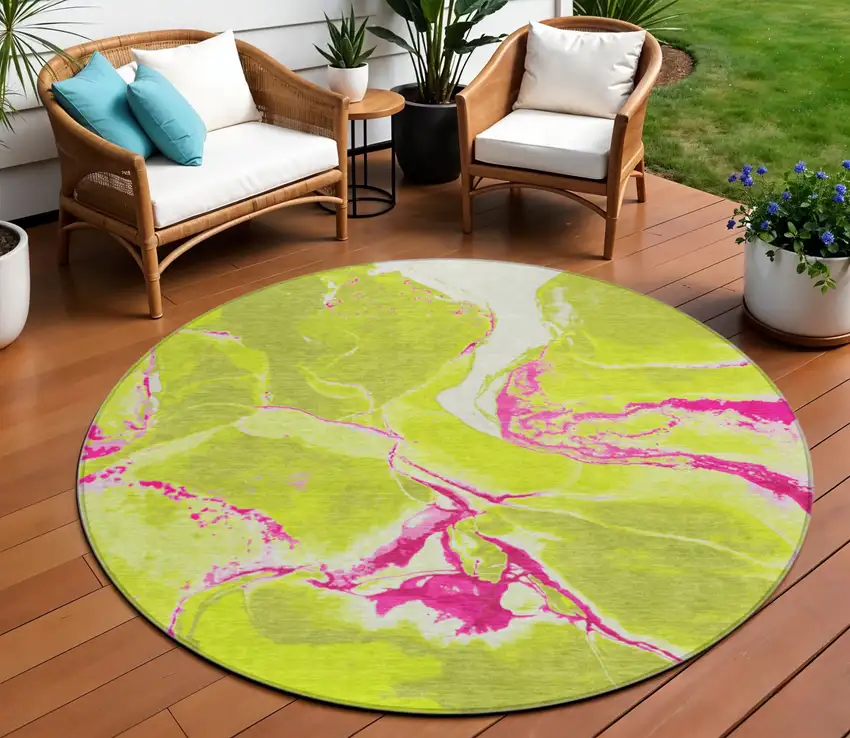 8' Lime Green Neon Pink And Ivory Round Abstract Washable Indoor Outdoor Area Rug Photo 1