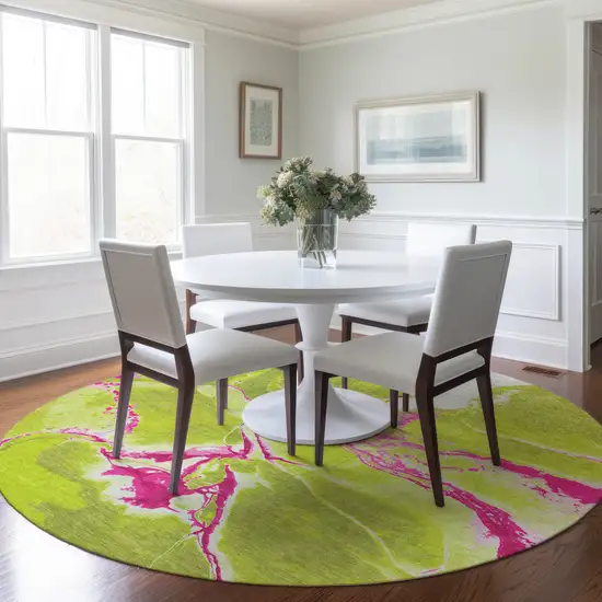 8' Lime Green Neon Pink And Ivory Round Abstract Washable Indoor Outdoor Area Rug Photo 7