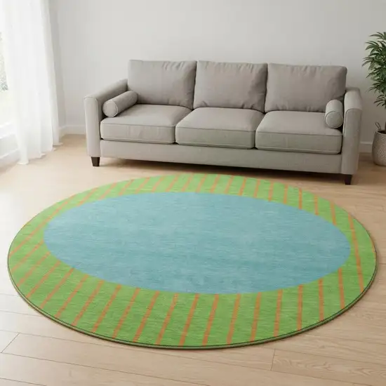 8' Lime Green Orange And Teal Striped Washable Round Rug With UV Protection Photo 2