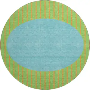 Photo of 8' Lime Green Orange And Teal Striped Washable Round Rug With UV Protection