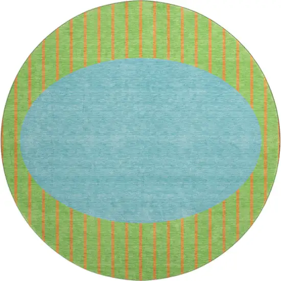 8' Lime Green Orange And Teal Striped Washable Round Rug With UV Protection Photo 1