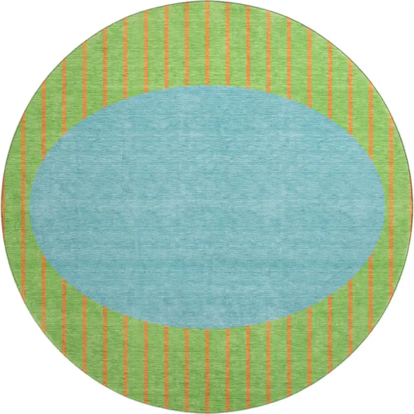 8' Lime Green Orange And Teal Striped Washable Round Rug With UV Protection Photo 1