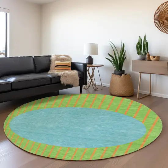 8' Lime Green Orange And Teal Striped Washable Round Rug With UV Protection Photo 4