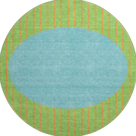 8' Lime Green Orange And Teal Striped Washable Round Rug With UV Protection Photo 3