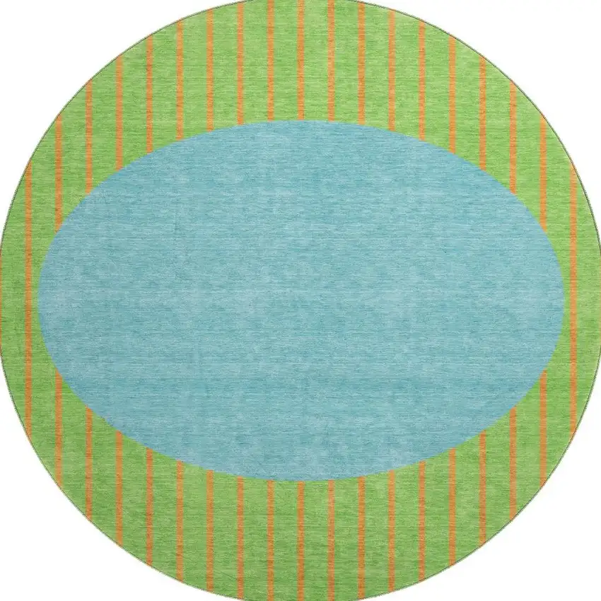 8' Lime Green Orange And Teal Striped Washable Round Rug With UV Protection Photo 3