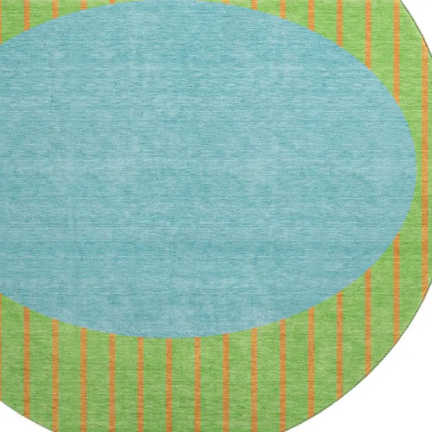 8' Lime Green Orange And Teal Striped Washable Round Rug With UV Protection Photo 2