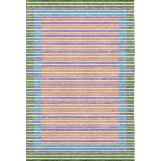 8' Lime Green Peach Teal And Purple Striped Washable Area Rug With UV Protection Photo 3