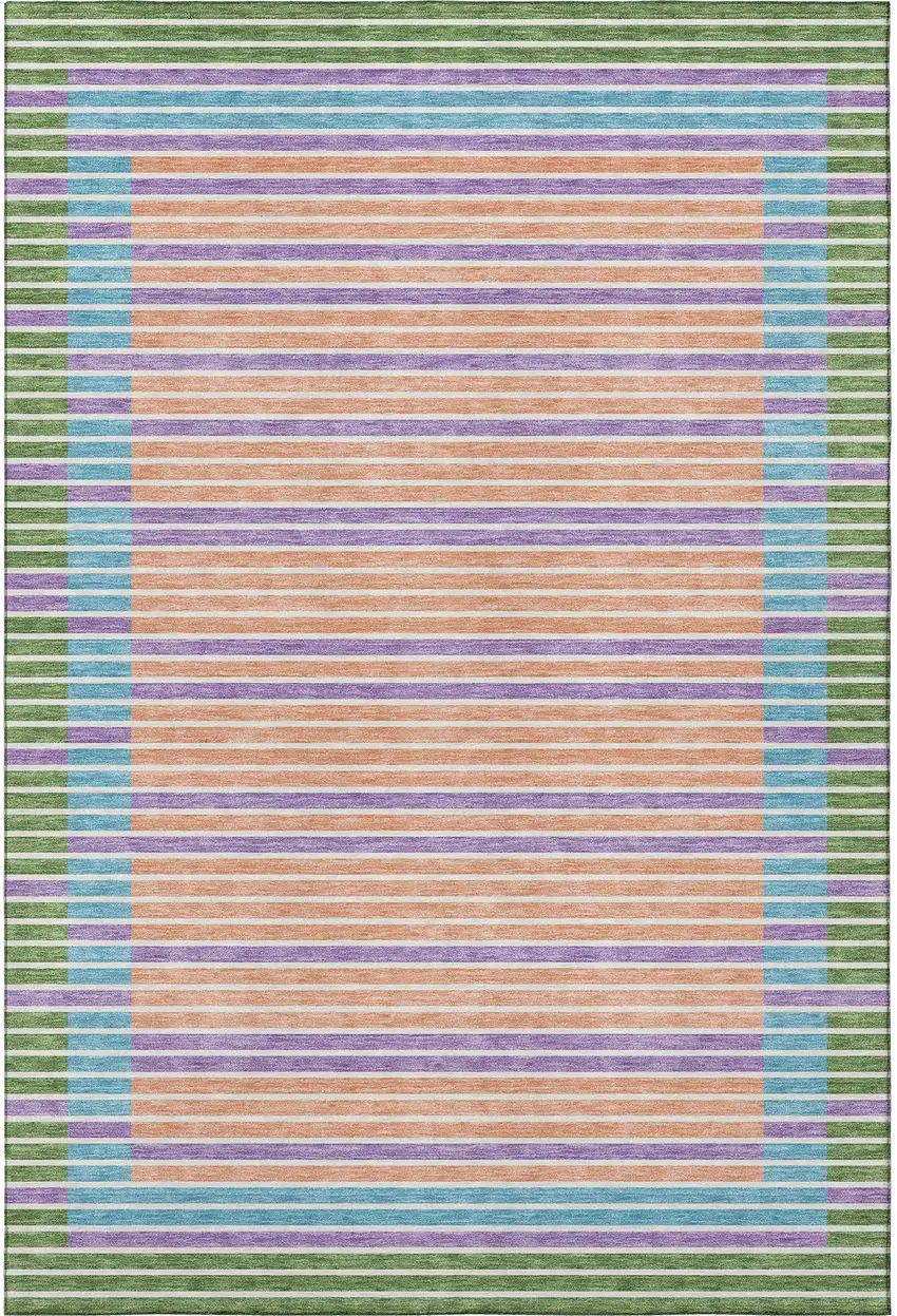 8' Lime Green Peach Teal And Purple Striped Washable Area Rug With UV Protection Photo 3