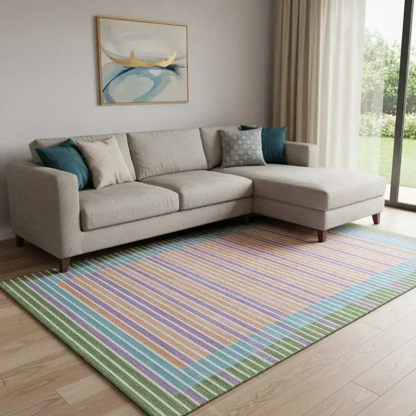 8' Lime Green Peach Teal And Purple Striped Washable Area Rug With UV Protection Photo 2