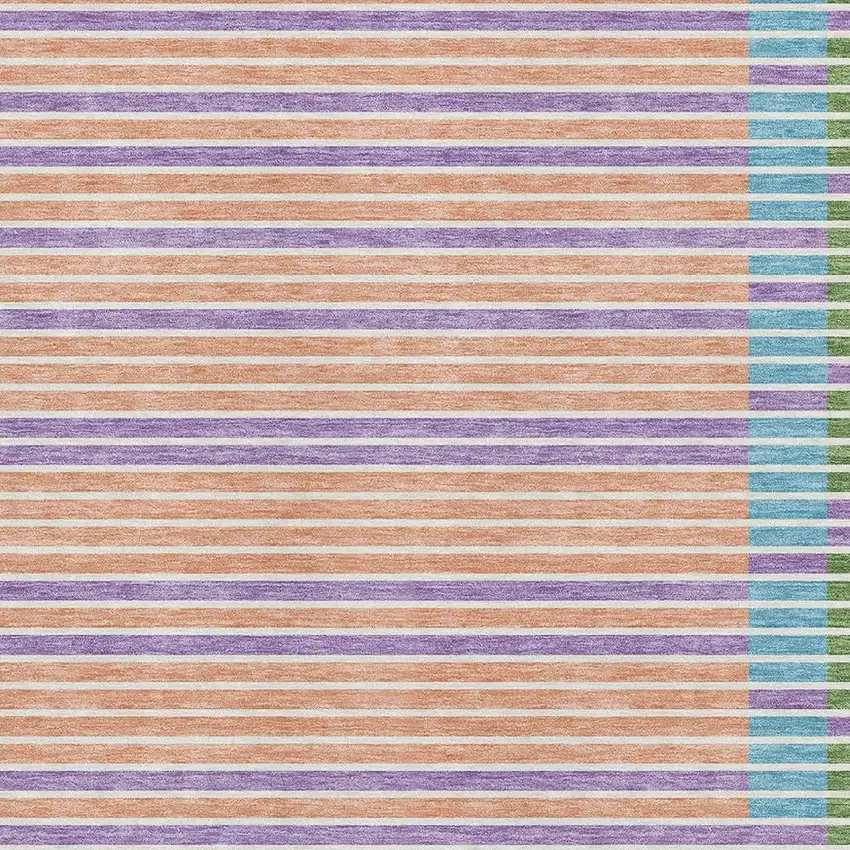 8' Lime Green Peach Teal And Purple Striped Washable Area Rug With UV Protection Photo 2