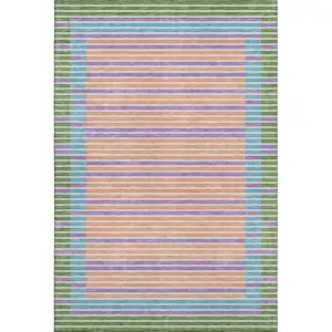 Photo of 8' Lime Green Peach Teal And Purple Striped Washable Area Rug With UV Protection