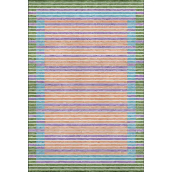 8' Lime Green Peach Teal And Purple Striped Washable Area Rug With UV Protection Photo 1