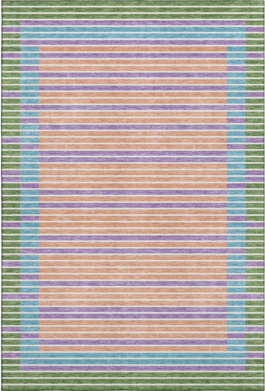 8' Lime Green Peach Teal And Purple Striped Washable Area Rug With UV Protection Photo 1