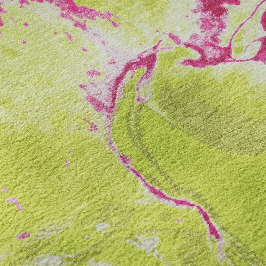 8' Lime Green Pink And Ivory Abstract Washable Round Rug With UV Protection Photo 8