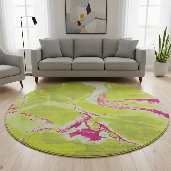 8' Lime Green Pink And Ivory Abstract Washable Round Rug With UV Protection Photo 2