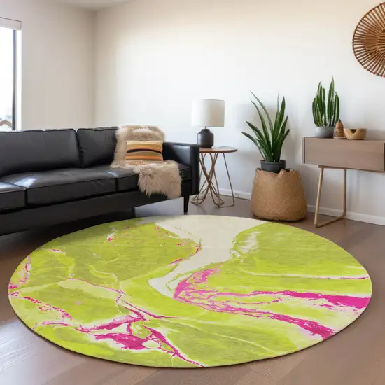 8' Lime Green Pink And Ivory Abstract Washable Round Rug With UV Protection Photo 4