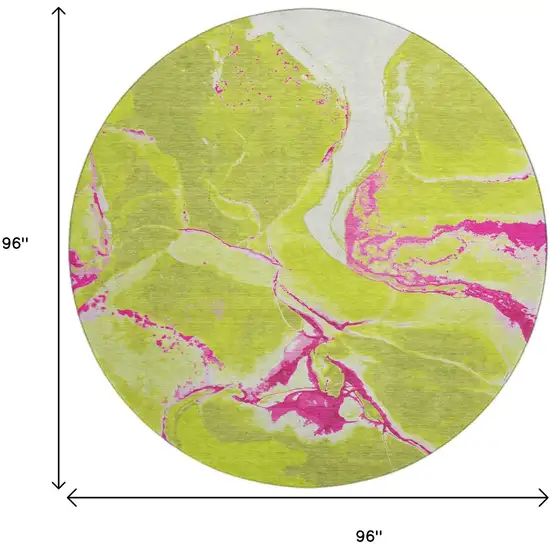 8' Lime Green Pink And Ivory Abstract Washable Round Rug With UV Protection Photo 9