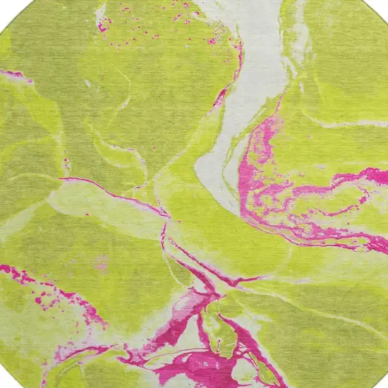 8' Lime Green Pink And Ivory Abstract Washable Round Rug With UV Protection Photo 2