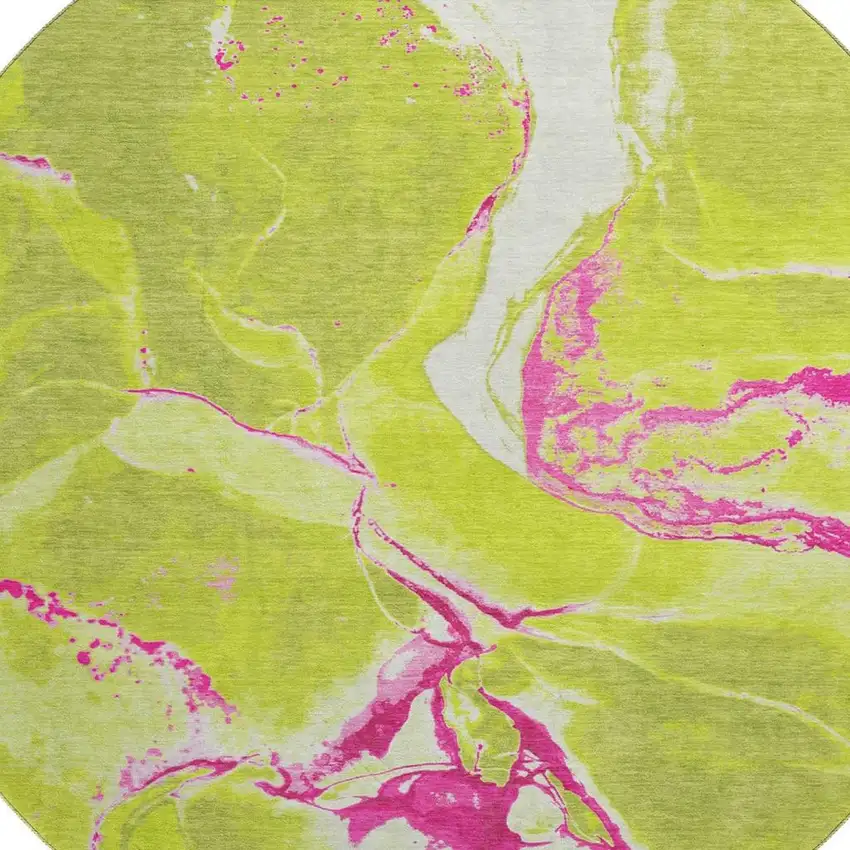 8' Lime Green Pink And Ivory Abstract Washable Round Rug With UV Protection Photo 2