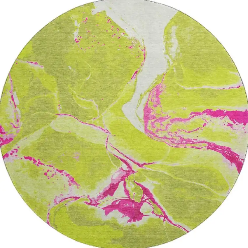 8' Lime Green Pink And Ivory Abstract Washable Round Rug With UV Protection Photo 3
