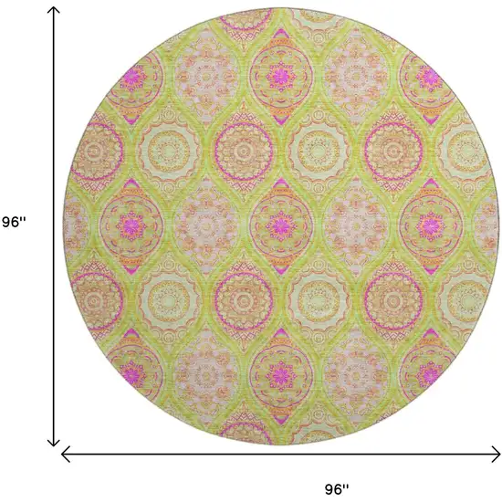8' Lime Green Pink And Ivory Ogee Washable Round Rug With UV Protection Photo 9