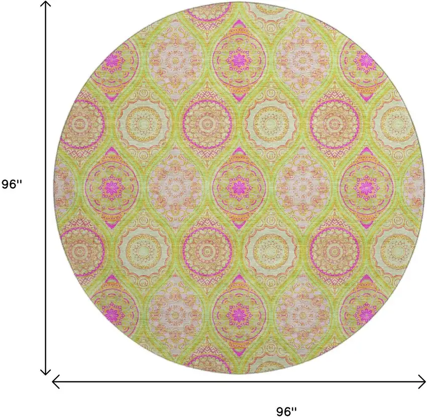 8' Lime Green Pink And Ivory Ogee Washable Round Rug With UV Protection Photo 9