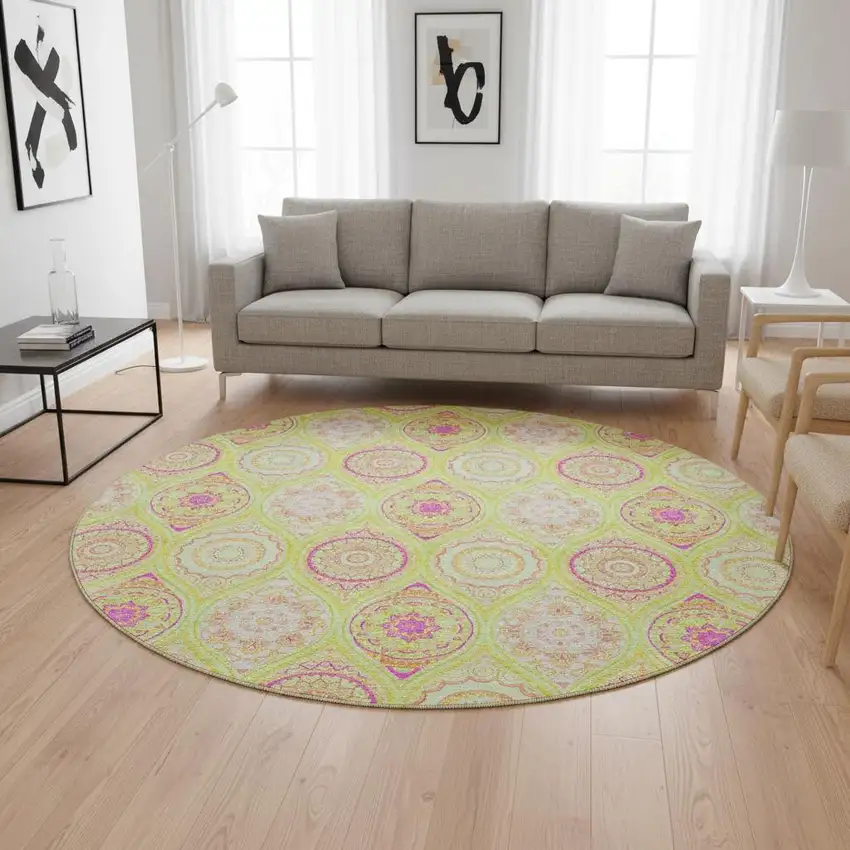8' Lime Green Pink And Ivory Ogee Washable Round Rug With UV Protection Photo 2