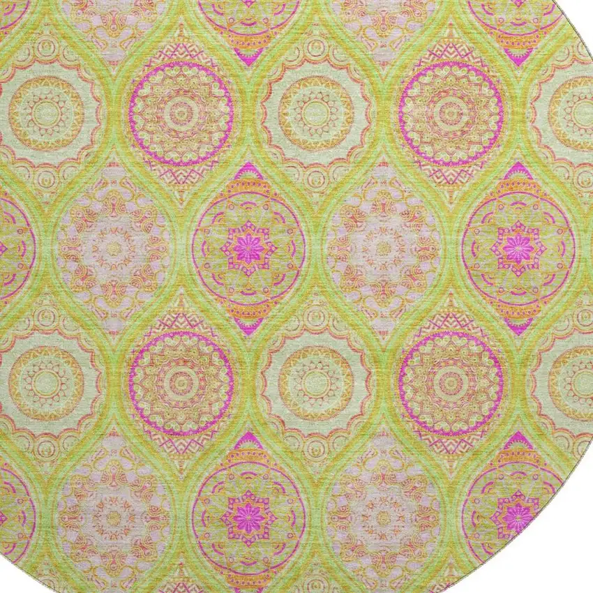 8' Lime Green Pink And Ivory Ogee Washable Round Rug With UV Protection Photo 2