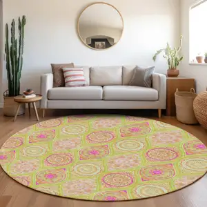 Photo of 8' Lime Green Pink And Ivory Ogee Washable Round Rug With UV Protection