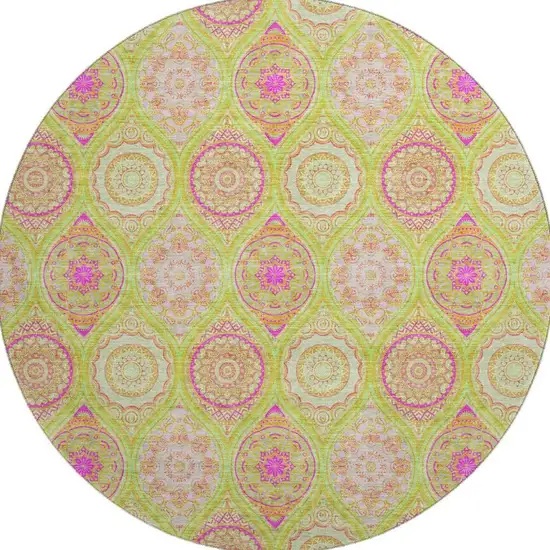 8' Lime Green Pink And Ivory Ogee Washable Round Rug With UV Protection Photo 3