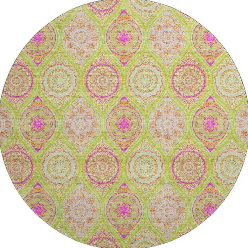 8' Lime Green Pink And Ivory Ogee Washable Round Rug With UV Protection Photo 3