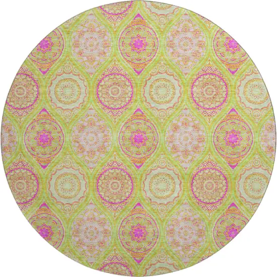 8' Lime Green Pink And Ivory Ogee Washable Round Rug With UV Protection Photo 1