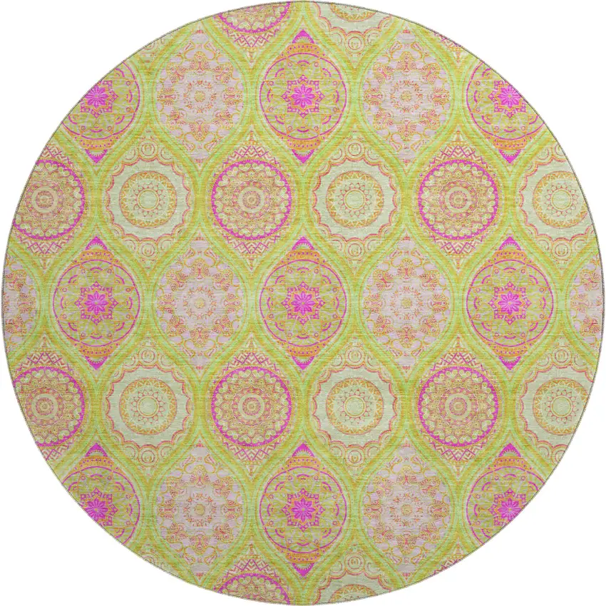 8' Lime Green Pink And Ivory Ogee Washable Round Rug With UV Protection Photo 1