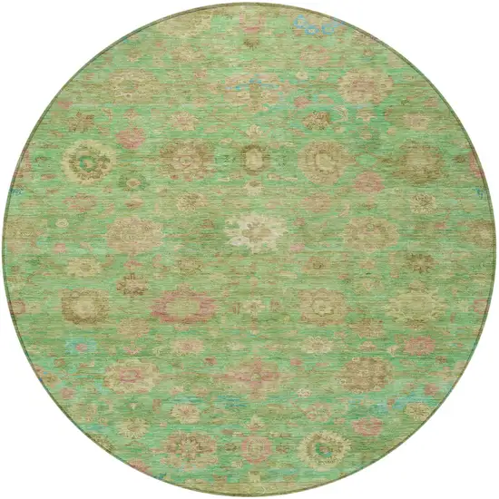 8' Lime Green Pink And Teal Blue Round Damask Washable Indoor Outdoor Area Rug Photo 4