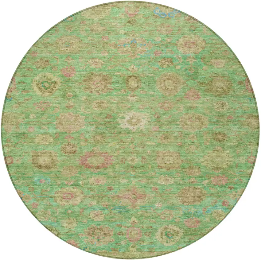 8' Lime Green Pink And Teal Blue Round Damask Washable Indoor Outdoor Area Rug Photo 4