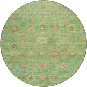Photo of 8' Lime Green Pink And Teal Blue Round Damask Washable Indoor Outdoor Area Rug