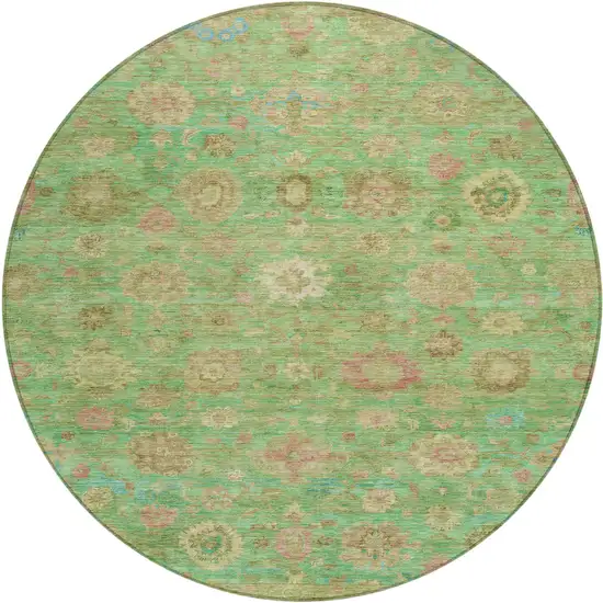 8' Lime Green Pink And Teal Blue Round Damask Washable Indoor Outdoor Area Rug Photo 1