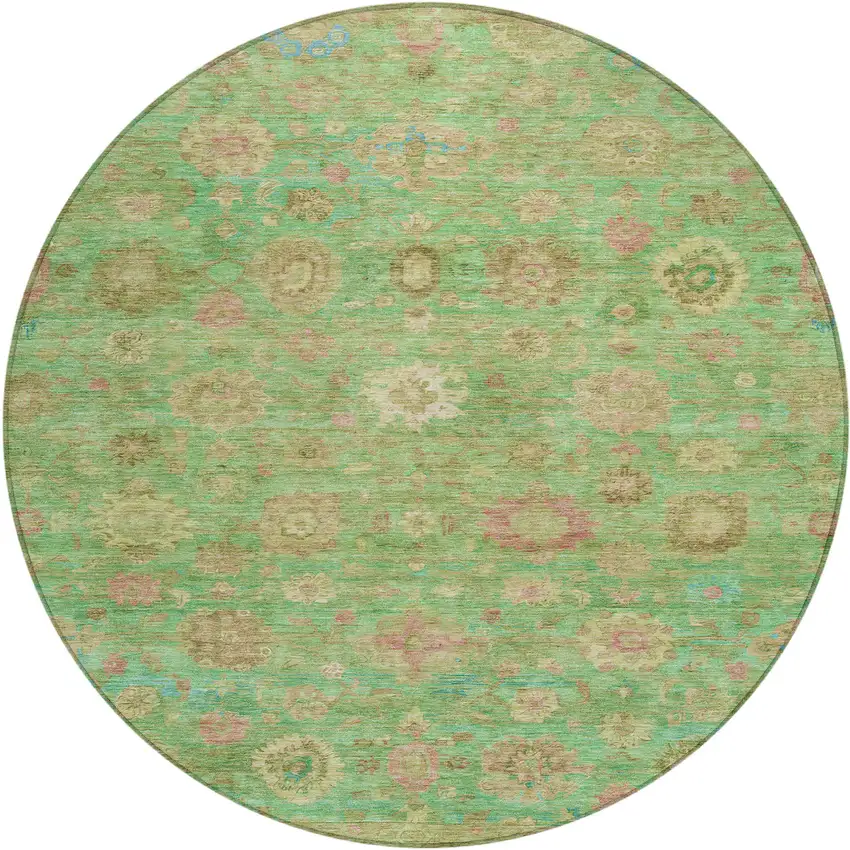 8' Lime Green Pink And Teal Blue Round Damask Washable Indoor Outdoor Area Rug Photo 1