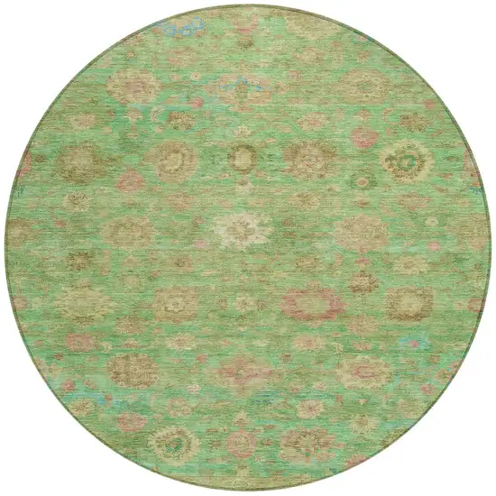 8' Lime Green Pink And Teal Blue Round Damask Washable Indoor Outdoor Area Rug Photo 3