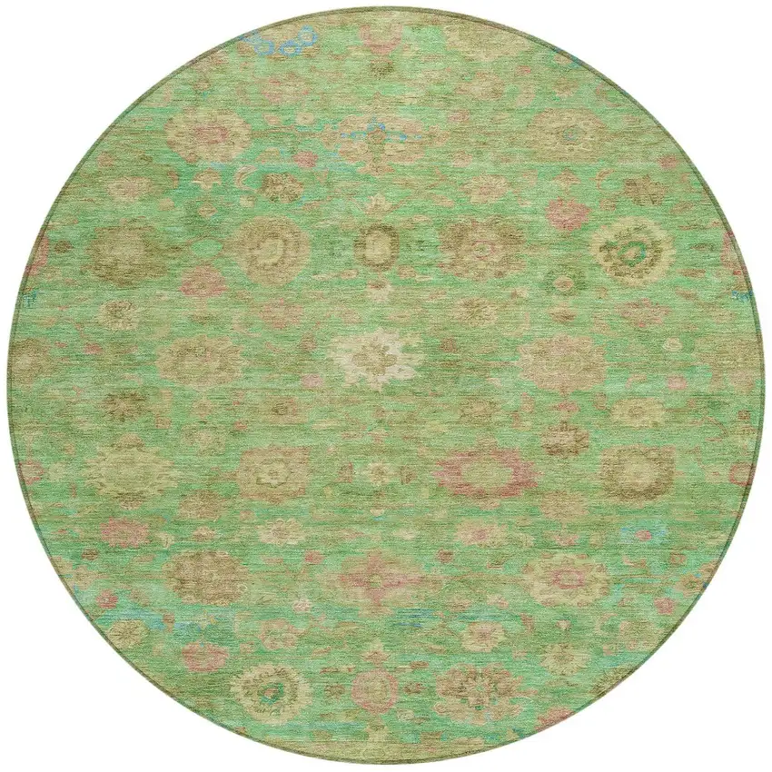 8' Lime Green Pink And Teal Blue Round Damask Washable Indoor Outdoor Area Rug Photo 3