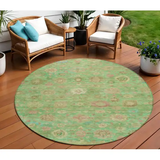8' Lime Green Pink And Teal Blue Round Damask Washable Indoor Outdoor Area Rug Photo 2