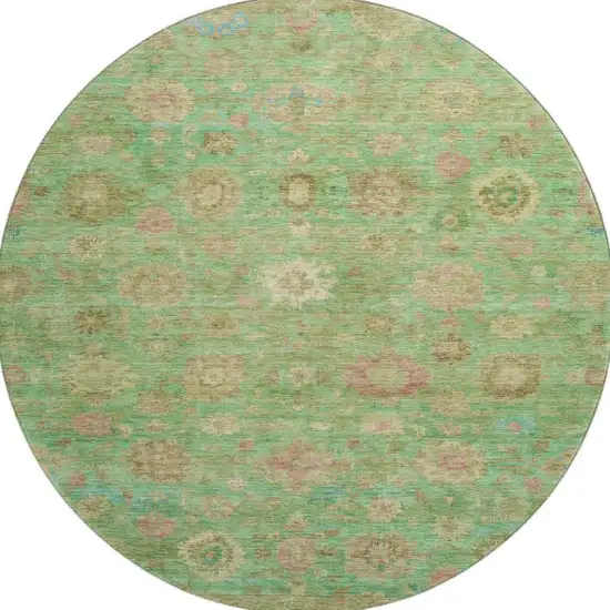 8' Lime Green Pink And Teal Damask Washable Round Rug With UV Protection Photo 3