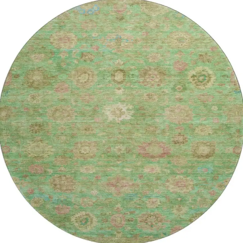 8' Lime Green Pink And Teal Damask Washable Round Rug With UV Protection Photo 3
