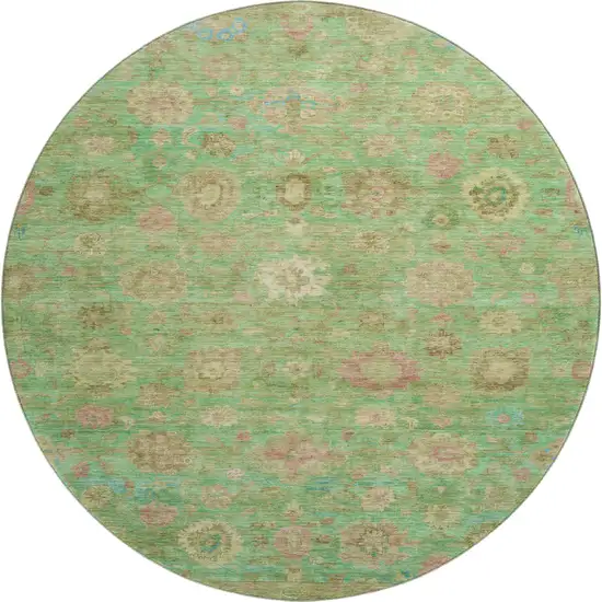 8' Lime Green Pink And Teal Damask Washable Round Rug With UV Protection Photo 1