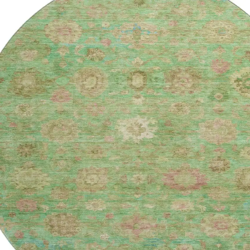 8' Lime Green Pink And Teal Damask Washable Round Rug With UV Protection Photo 2